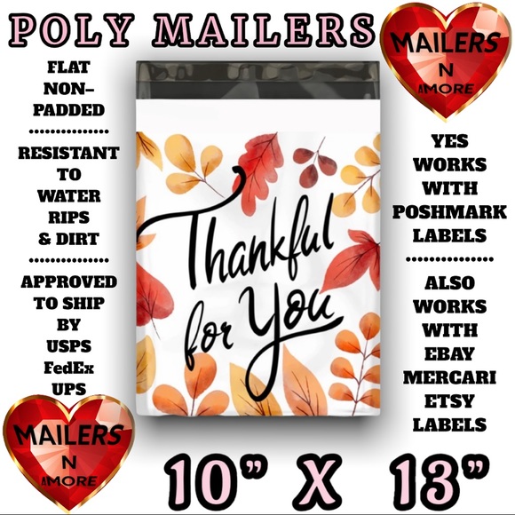 ( Quantity 25 10x13 ) Fall Leaf Thankful Poly Mailer Bags Shipping Envelopes - Picture 2 of 2